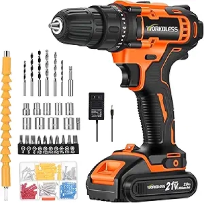 WORKBLESS 21V Cordless Drill Set with Battery & Charger - 28pc Tool Kit