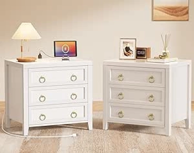 White Nightstand with Charging Station, USB-C Port & 3 Drawers - Set of 2