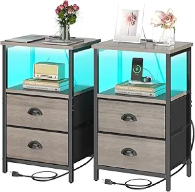 LED Nightstand with Charging Station - Set of 2 Bedside Tables with Drawers