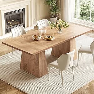 6-Person Wooden Dining Table - Modern Oak Rectangle Table with Heavy Duty Legs