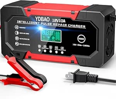 10A 12V Smart Car Battery Charger - Fully Automatic with LCD Display & Temperature Compensation