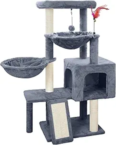 Grey Cat Tree with Scratching Posts, Condo & Hammocks - Indoor Cat Tower