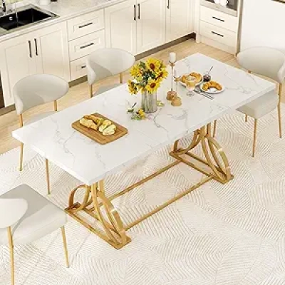 70 Inch White & Gold Dining Table | Modern Rectangle Table for 4-6 People