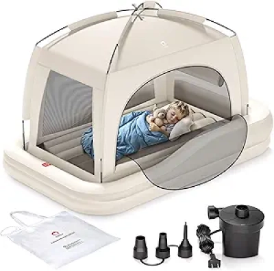 QPAU Inflatable Toddler Travel Bed with Tent & Electric Pump - Portable Kids Air Mattress