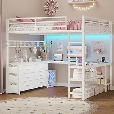 Full Size Loft Bed with U-Shaped Desk, LED & 6 Storage Drawers