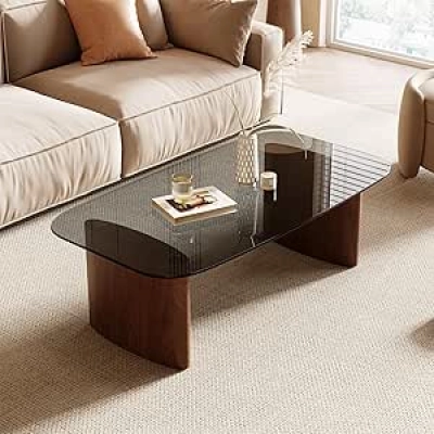 Modern Glass Coffee Table with Walnut Wood Base | Tempered Glass Top for Living Room