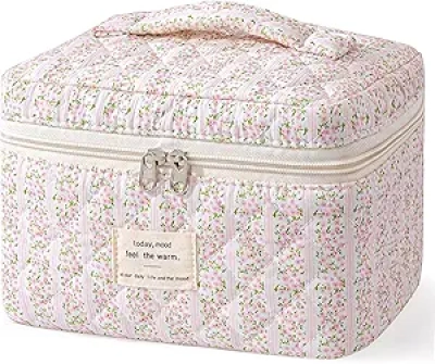 Large Quilted Makeup Bag with Handle - Cute Coquette Floral Travel Organizer for Women
