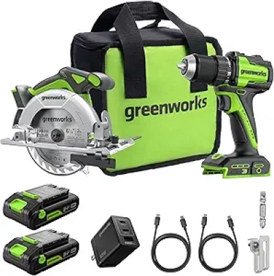 GREENWORKS 24V Brushless Drill & Circular Saw Combo Kit with USB-C Batteries