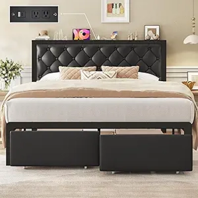 Queen Bed Frame with Storage Drawers & Built-in Charging Station