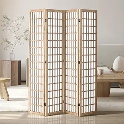 Japanese 4-Panel Room Divider - 64" Folding Privacy Screen with 360° Rotation