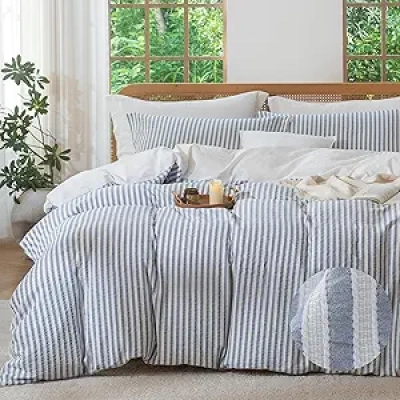 Blue Striped Boho Duvet Cover Set - 100% Washed Cotton Jacquard Queen 90x90