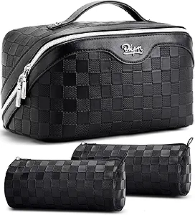 BOYATU Travel Makeup Bag Set of 3 - Waterproof Vegan Leather Cosmetic Organizer with Handle