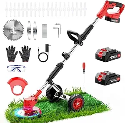 21V Cordless Electric Weed Wacker with Wheels & 3 Blade Types - Lightweight String Trimmer