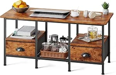 35" Industrial Coffee Table with Storage Drawers & Shelves | Rustic Brown