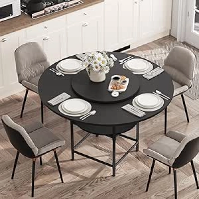 47.2'' Round Dining Table for 4 with Turntable & Storage - Farmhouse Black Kitchen Table