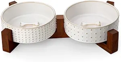 Premium Ceramic Dog Bowl Set with Walnut Wood Stand - Small Dog & Cat Feeder