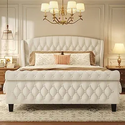 Queen Sleigh Bed Frame 42" Tall Velvet Upholstered with Wingback Headboard | 800LB Support