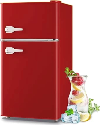 3.5 Cu.ft Red Double Door Refrigerator with Freezer | Adjustable Glass Shelves & Temperature Control