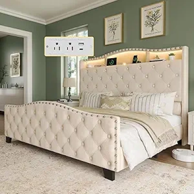 Belffin Queen Velvet Bed Frame with LED Lights & Charging Station