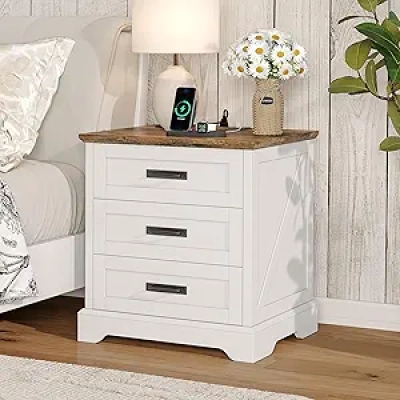 Farmhouse Nightstand with Charging Station & 3 Drawers - 22 inch White Bedside Table