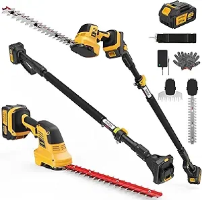 4-in-1 Cordless Pole Hedge Trimmer - 14.6ft Reach, 180° Adjustable, Electric Grass Shear with 3.0Ah Battery