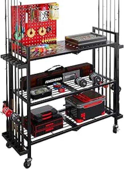 12-Rod Fishing Rod Holder for Garage with Wheels & Pegboard Storage Rack