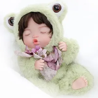 10 Inch Reborn Baby Doll - Realistic Vinyl Sleeping Girl in Green Frog Outfit