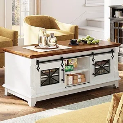 48'' Farmhouse Coffee Table with Sliding Barn Doors & Storage | Rustic Center Table