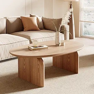 Honyee Modern Oval Coffee Table - Oak Wood Living Room Table with Easy Assembly