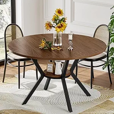 42" Round Dining Table for 4 - Farmhouse Kitchen Table with Storage & Metal Legs