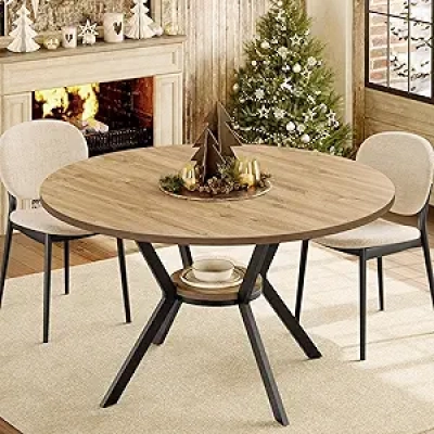 42 Inch Round Farmhouse Dining Table for 4 - Space Saving Kitchen Table with Storage