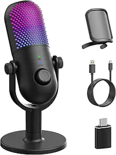USB Condenser Microphone for Gaming, Streaming & Podcasting - RGB LED PC Mic with Noise Reduction