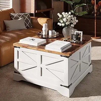 MXV Farmhouse Coffee Table with Lift Top Storage - Rustic Wood Center Table for Living Room
