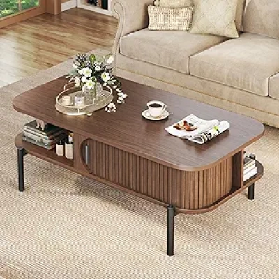 39.4" Mid Century Modern Coffee Table with Storage - Walnut Wood Living Room Furniture