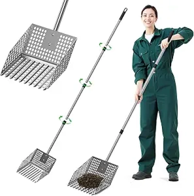 Heavy-Duty Stainless Steel Chicken Coop Scooper & Rake - 2-in-1 Adjustable Handle Sand Sifter