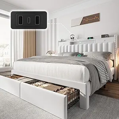Queen Bed Frame with Storage Drawers & USB Charging Ports | White Velvet Platform Bed