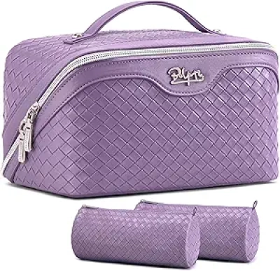 BOYATU Travel Makeup Bag 3-Piece Set - Waterproof Vegan Leather Cosmetic Organizer (Purple)