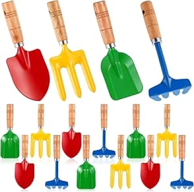 16 Piece Metal Garden Tools Set with Wooden Handles for Kids & Adults
