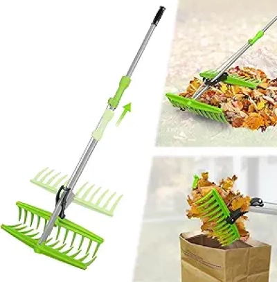 2-in-1 Leaf Grabber Rake with Long Handle - Back Saving Leaf Picker Upper
