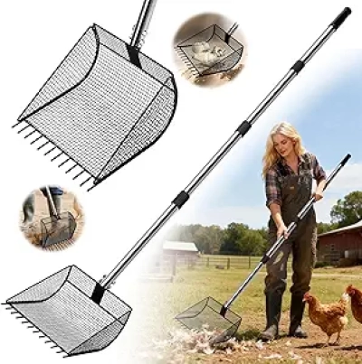 2-in-1 Chicken Poop Scooper with Adjustable Stainless Steel Handle 36"-62"