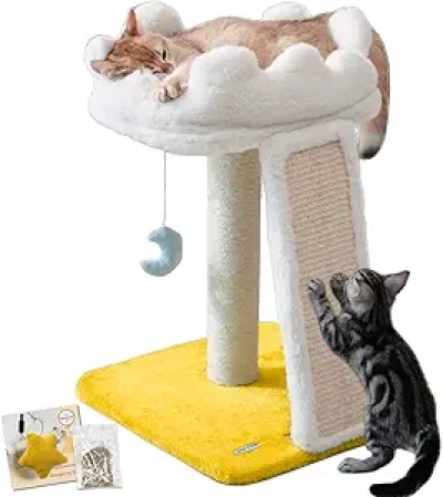 Happi N Pets Cloud Cat Tree Tower - Compact 22" Scratching Post with Soft Bed & Toys