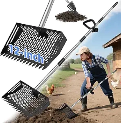 2-in-1 Chicken Poop Scooper & Rake - Adjustable Stainless Steel Handle (23-65")