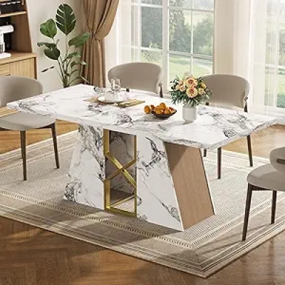71 Inch Modern White Marble Dining Table for 6-8 People | Rectangle Kitchen Table with Gold Metal Frame