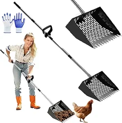 2-in-1 Chicken Poop Scooper & Rake - Adjustable Stainless Steel Shovel (37-65in)