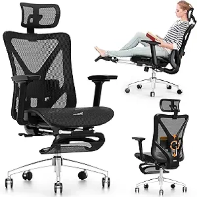 GABRYLLY Ergonomic Office Chair with Footrest & Lumbar Support - 135° Reclining Mesh Chair