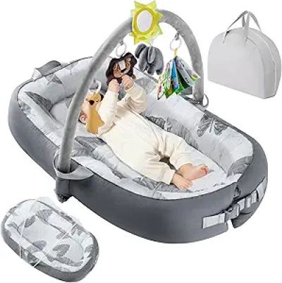 Portable Baby Lounger with Toys - 100% Cotton, Machine Washable, 0-24 Months