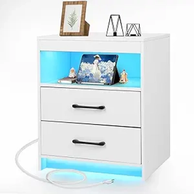 Smart Nightstand with Charging Station, LED Ambient Light & USB-C Ports - White Bedside Table
