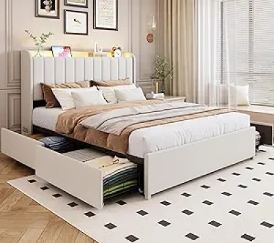 Queen Bed Frame with Storage Drawers, LED Lights & Charging Station