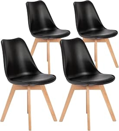Mid-Century Modern Dining Chairs Set of 4 - Black PU Leather Kitchen Seats