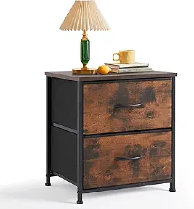 Small 2 Drawer Nightstand with Fabric Storage Bins - Compact Bedside Table